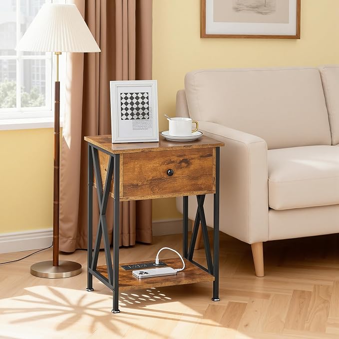 VECELO Nightstand Set of 2,End Tables with Charger Station,Bed Side Table with Open Shelf &USB Ports & Outlets,Small Dresser for Bedroom, Living Room,Rustic Brown