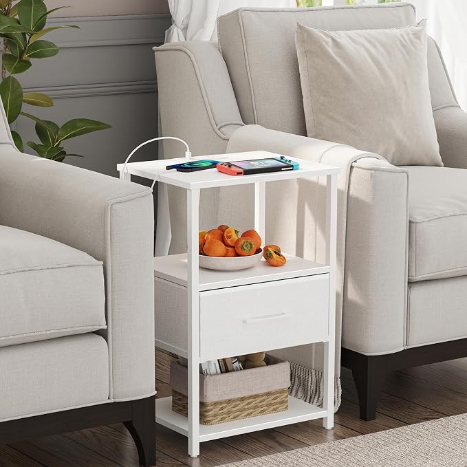 TUTOTAK Nightstand Set of 2, Night Stand with Charging Station, End Table, Bedside Table with Fabric Drawer, Side Table for Livingroom and Bedroom, White TB01BW0692
