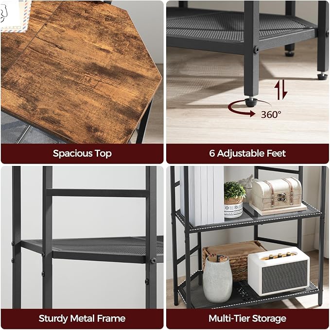 MAHANCRIS Corner Printer Stand with Charging Station, 3-Tier Large Printer Table with Adjustable Feet, Metal Frame Storage Shelf for Office, Living Room, Small Space, Rustic Brown PTHR14E01