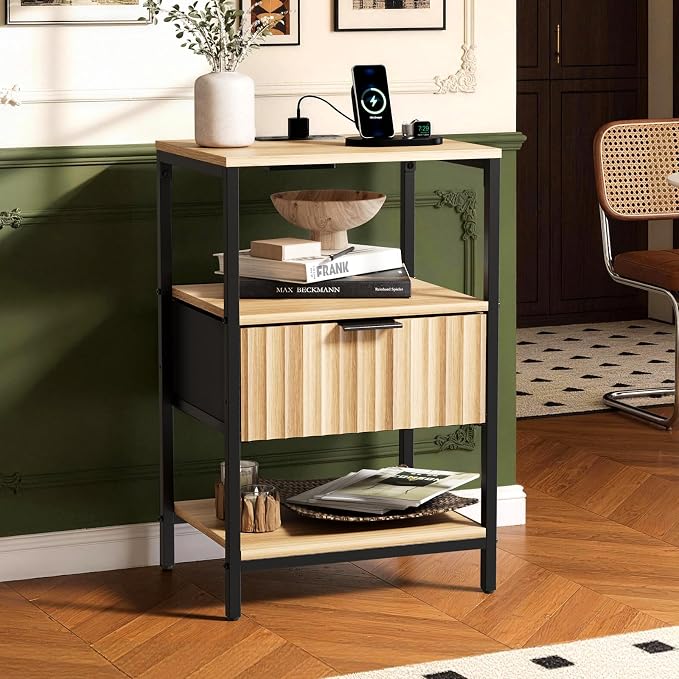 VINGLI Night Stand with Charging Station and Fabric Drawer, Fluted Nightstand with Drawer, Bed Side Table/End Table for Bedroom, Dorm, 14.96" W*11.81" D*23.7" H, 1 pc