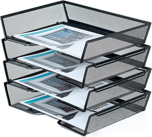 SETTFRFE 4 Tier Metal Mesh Desk Organizer-Stackable Paper Tray for Home, Office,School,Black File Storage System with Reinforced Edges