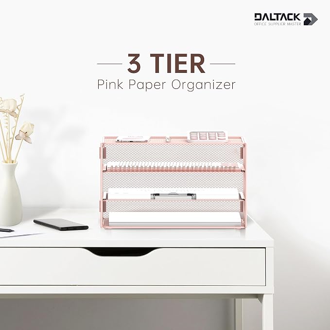 DALTACK 3 Tier Letter Tray Paper Organizer for Desk, Mesh Metal Desk File Organizer with Sliding Trays for Letter/A4 Paper, Mail, Bills & Folders, Pink