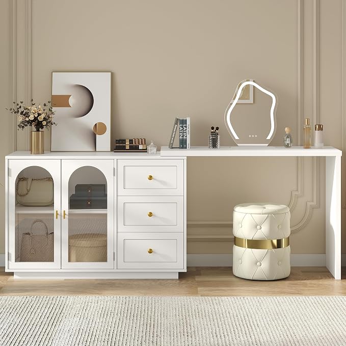 RoyalCraft 83” Large Makeup Vanity Desk, White Corner Vanity Table with 3 Drawer & 2 Door, Modern Extendable Dressing Table, Vanity Dresser Combo for Bedroom, Dressing Room (Without Mirror)