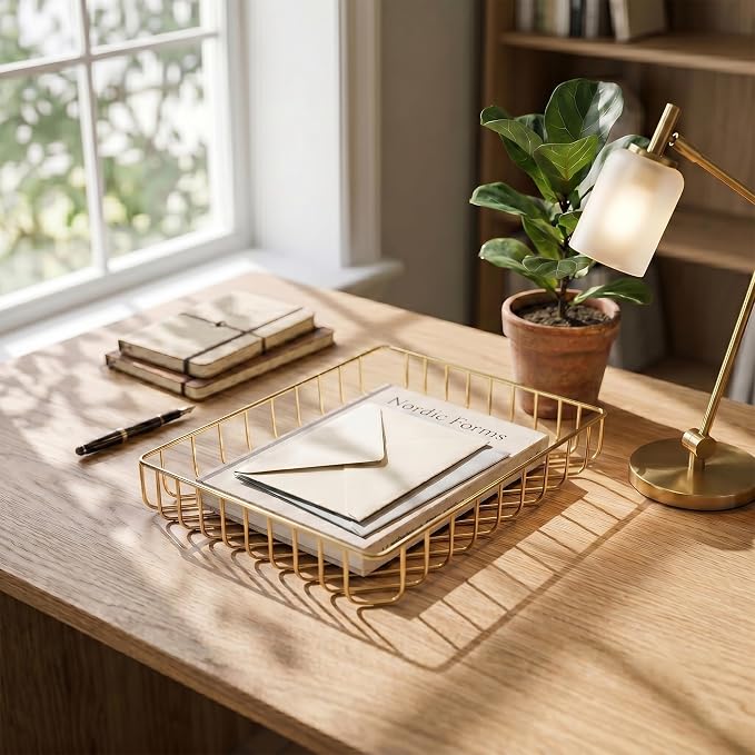 Elegant Gold Wire Desk Tray Organizer - Multipurpose A4 Letter Size File Tray, Premium Metal Mesh Document & Magazine Holder, Luxury Storage Basket for Office, Vanity, & Bathroom, Gold