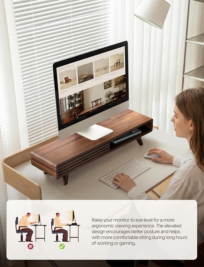 Tinamo 24" Wooden Monitor Stand Riser with Storage Organizer, Walnut Color | Acacia Wood, Sliding Door, Cable Management, Fits up to 32" Monitors, Multi-purpose Storage, Used for Computer, Laptop, TV
