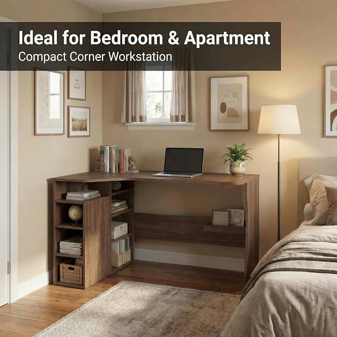 Garvee L Shaped Desk with Storage Shelves, Small Corner Desk for Small Spaces, Corner Table with 3 Tier Shelves, Home Office, Writing Study Gaming Desk, Walnut Wood