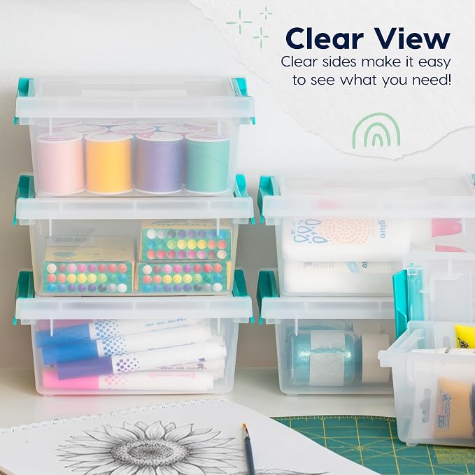 IRIS USA 1 Qt. Craft Storage Bins with Lids, 6-Pack, |Made in USA|, Clip Box, Small Plastic Sensory Bin Tote Organizer Containers for Art Supplies, Paper, & Office, Stackable - Clear/Seafoam Blue