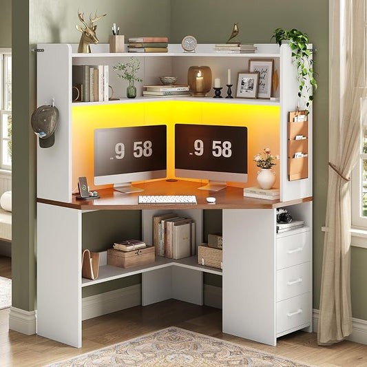 SEDETA 31.5" Corner Desk for Small Space, Farmhouse Small Corner Desk with Hutch & 3 Drawers, Corner Computer Desk with Storage Shelves & LED Lights for Home Office, White + Brown