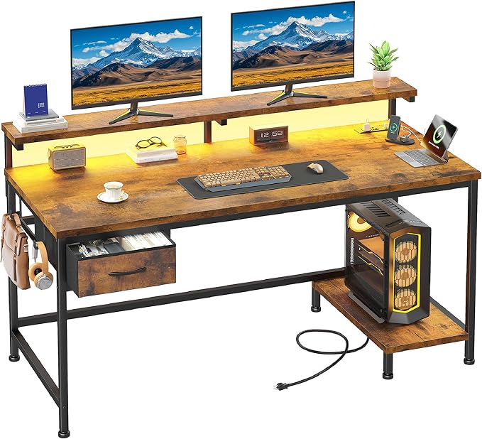 DurayLoly 39.3Inch Office Desk with Power Outlet & Drawer, Gaming Desk with CPU Stand& LED Lights,Computer Desk with Ergonomic Monitor Stand for Small Space,Rustic Brown