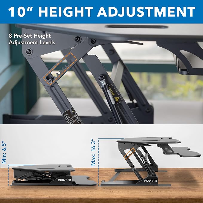 Mount-It! Corner Standing Desk Converter Height Adjustable 43” Wide Desktop, Corner Stand Up Desk with Gas Spring Lift Asssit, Stand Up Computer Workstation with Ergonomic Keyboard Tray | Black