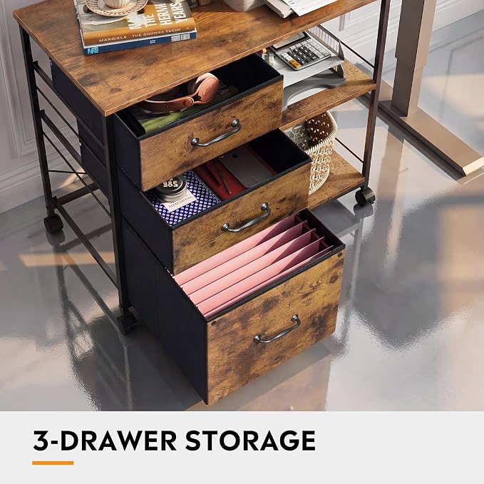 DEVAISE 3 Drawer Mobile File Cabinet, Rolling Printer Stand with Open Storage Shelf, Fabric Lateral Filing Cabinet fits A4 or Letter Size for Home Office, Rustic Brown Wood Grain Print