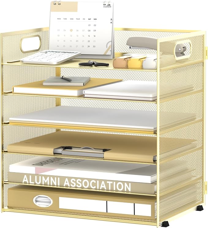 Daltack 6 Tier Paper Organizer for Desk, Paper Letter Tray Organizer for Desks, Mesh Desk File Organizers with Handle for Office, Home, School, Gold