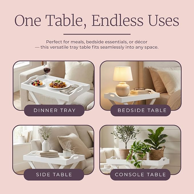 Lavish Home Folding TV Tray Table - Contemporary Side Table with Removable Tray Top for Food Serving, Meals, or Decor in Living Room, Bedroom, or Home Office (White)