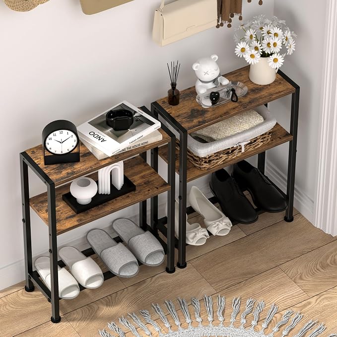 Narrow Side Table Set of 2 for Small Space, 2-Tier Small End Table with Shelf Holder, Slim Nightstand, Skinny Snack Couch Table in Living Room, Bedroom, Study, Kitchen and Balcony (Rustic Brown)