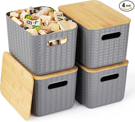 Ohmlove 4 Packs Storage Bins with Bamboo Lids - Plastic Storage Containers with Lids Stackable Storage Box：Storage Baskets for Organizing Desktop Closet Playroom Classroom Office,Gray