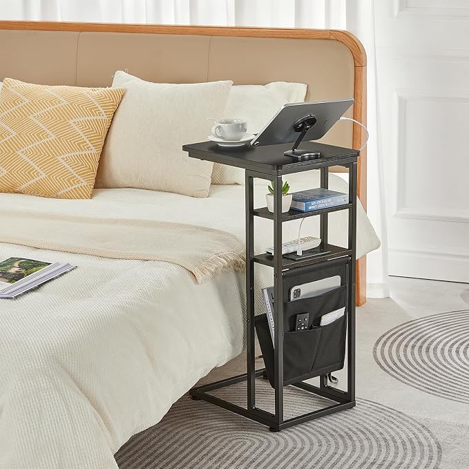 C Shaped End Table with Charging Station, 28"(H) 3-Tier C Table with Storage Bag, Under Couch Table C-Shaped End Table with Storage Shelves and Bag for Living Room, Bedroom, or Office