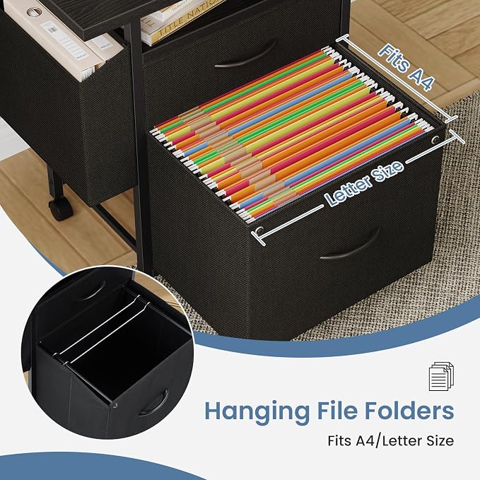 DUMOS 2 Drawer Mobile File Cabinet, Fabric Filing Cabinet with 24'' Desktop,Small Office Drawers Under Desk Fits A4/Letter Size, Rolling Printer Stand with Storage Side Bag for Home Office, Black