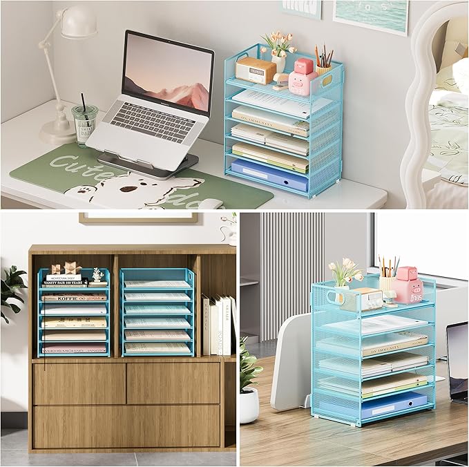 Subekyu 6-Tier Desk Paper Organizer, Desktop File Letter Tray with Handle, Document Sorter and Accessories Holder for Office, Home and School Workspace Organizers, Blue-2 Pack
