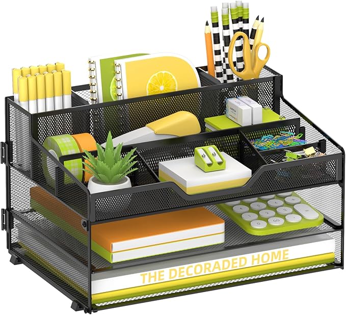 SUPEASY 3 Tier Desk Organizer, Mesh Letter Tray Paper Organizer with 5 Adjustable Storage Compartments & Pen Holder, Metal Desk Accessories for Home Office School, Black
