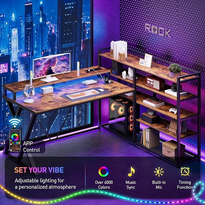 RALGEND L Shaped Gaming Desk with Bookshelf, 52'' Reversible Computer Desk with LED Light & Power Outlet, Corner Desk with Storage Shelves and Monitor Stand for Home Office, Rustic Brown