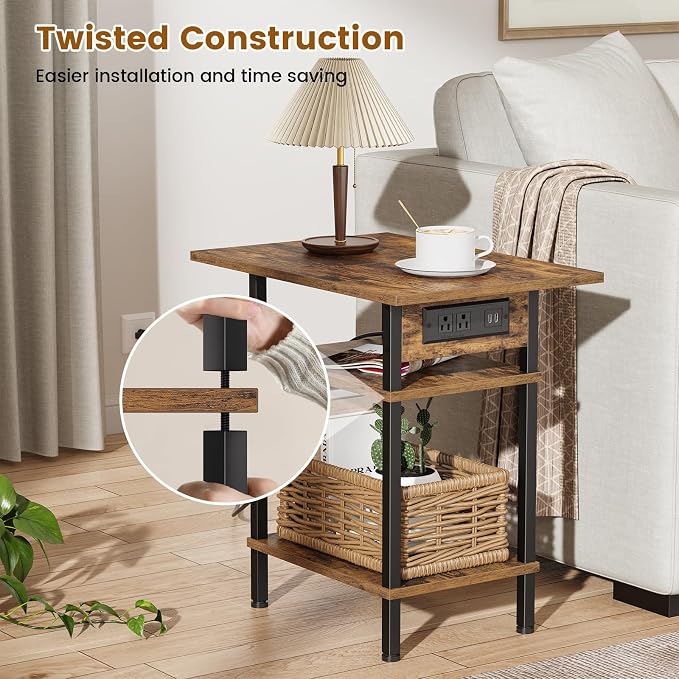 Asgolion Side Table with Charging Station, Skinny Nightstand with USB Ports and Outlets, 3 Tier Narrow End Table with Storage for Bedroom, Living Room, Office, Rustic Brown and Black