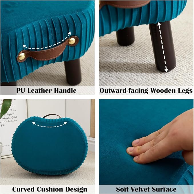 Foot Stools Small, Ottomon with Handle, Velvet Footrest Ottoman | Curved Foot Stool with Padded Seat Wooden Legs, Portable Foot Rest for Living Room, Bedroom, Entryway, (Peacock Blue)