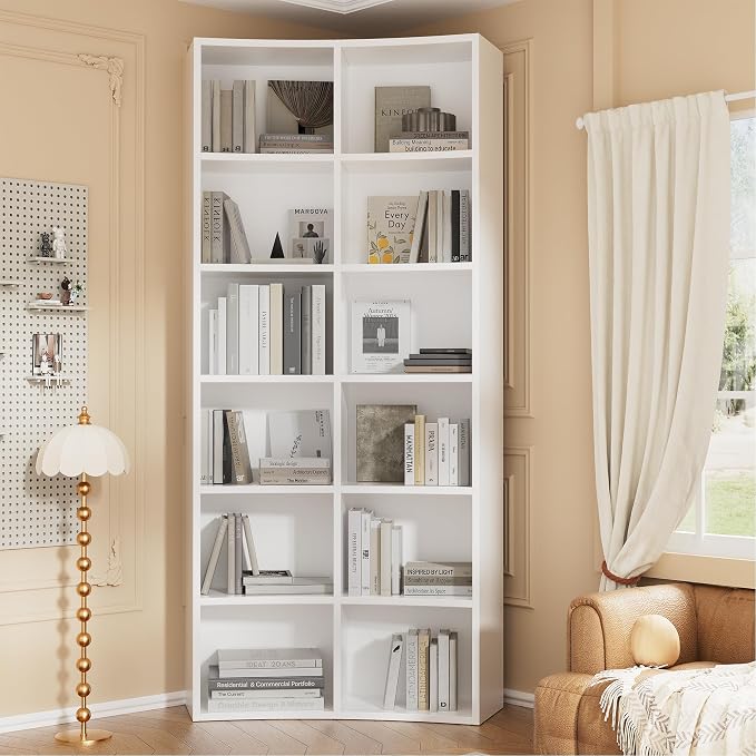 kepptory 71” Tall Narrow Corner Bookshelf, 12 Cube Storage Organizer with Backboard & Anti‑Toppling Kit – Slim Vertical Bookcase for Small Spaces, Apartment, Home Office (6 Tier, White)