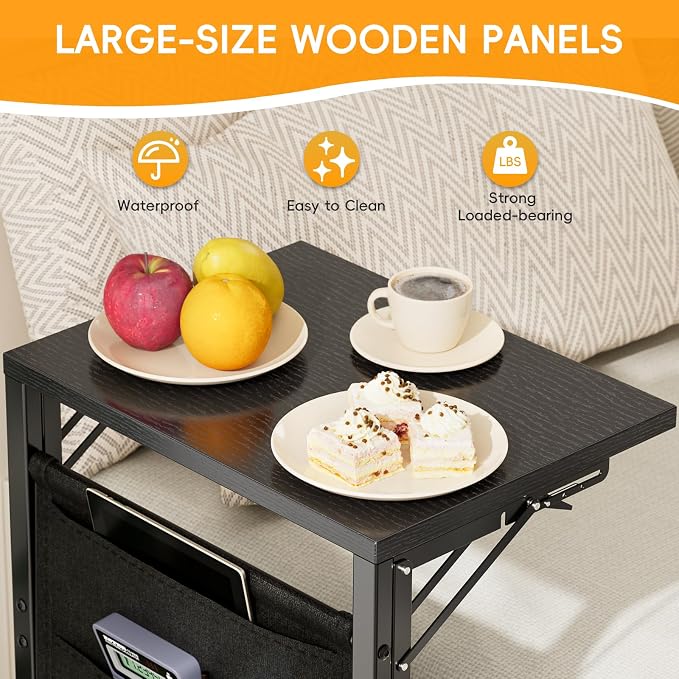 Folding TV Tray Table, 28.8" Tall C-Shaped Side Table for Couch and Bed, Slide Under Sofa Side Desk with Storage Bag - Sturdy Metal Frame Tray for Living Room, Bedroom, Home & Office (Black)