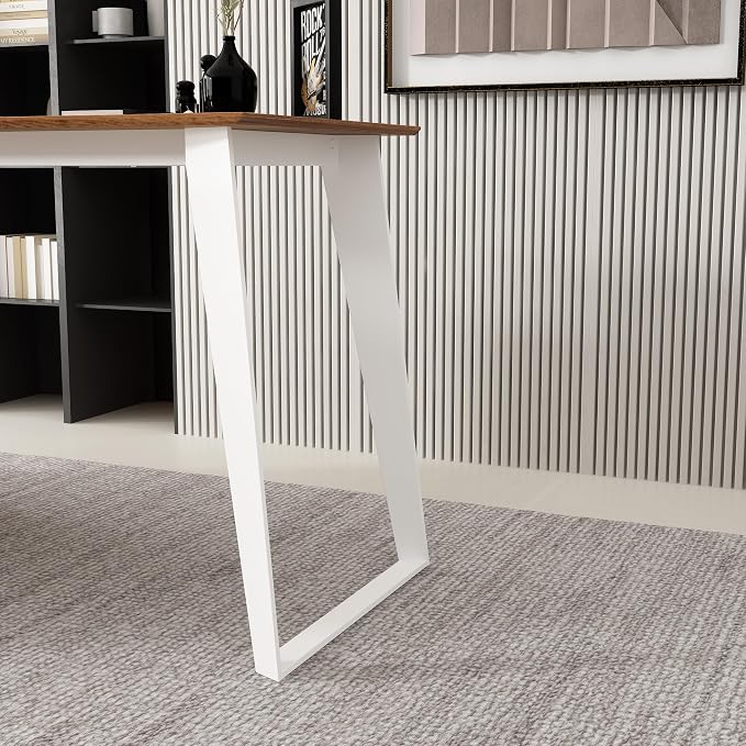 Homsee Home Office Computer Desk Corner Desk with 3 Drawers, 2 Shelves & 2 Doors, 55 Inch Large L-Shaped Study Writing Table with Storage Cabinet, White & Brown (54.3”L x 40.9”W x 29.1”H)