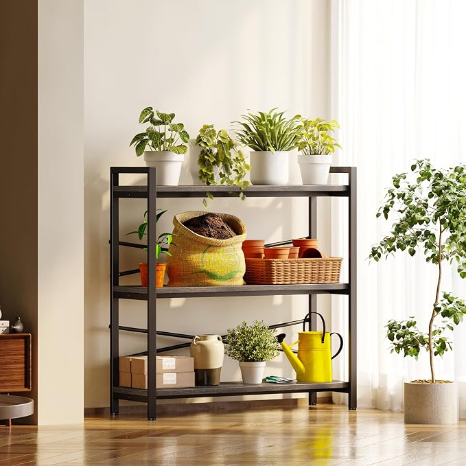 Book Shelf, 3 Tier Bookshelf 31.49" Width, Book Shelf Storage and Organization, Wooden and Metal Industrial Bookcase, Large Book Shelves for Home Living Room Bedroom Office Storage(Grey)