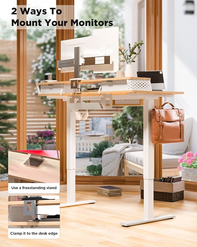 FiCiHi Electric Standing Desk with Four Drawers, 48 x 24 Inch Adjustable Height Sit Stand Desk, C-Clamp Compatible Home Office Desk with Storage Shelf & Monitor Stand Riser, Maple