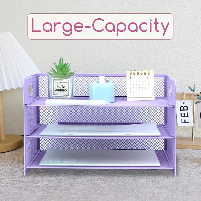3 Tier Lettrer Tray Organizer with Handle, Metal Mesh Desk File Organizer with Sliding Trays, Paper Sorter Desk for Home Office School, Purple