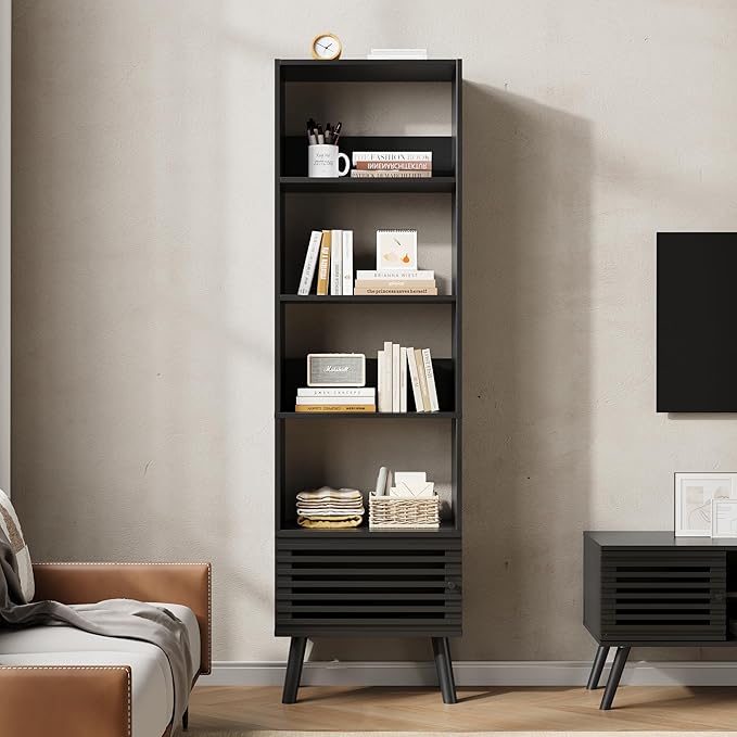 Furnify Open Shelf Cube Bookcase, 68" Tall Freestanding Bookshelf, Slatted Door Narrow Corner Bookcase with 5 Cubes, Mid-Century Modern Display Storage Cabinet for Living Room, Home Office, Black