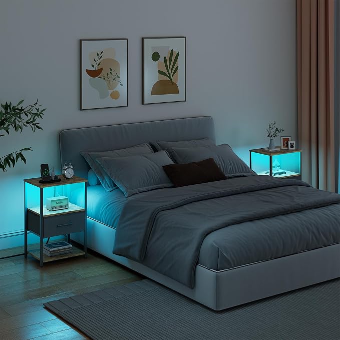 TUTOTAK LED Nightstand Set of 2, Night Stand with Charging Station, End Table, Bedside Table with Fabric Drawer, Side Table for Livingroom and Bedroom, Brown TB01BB0692L