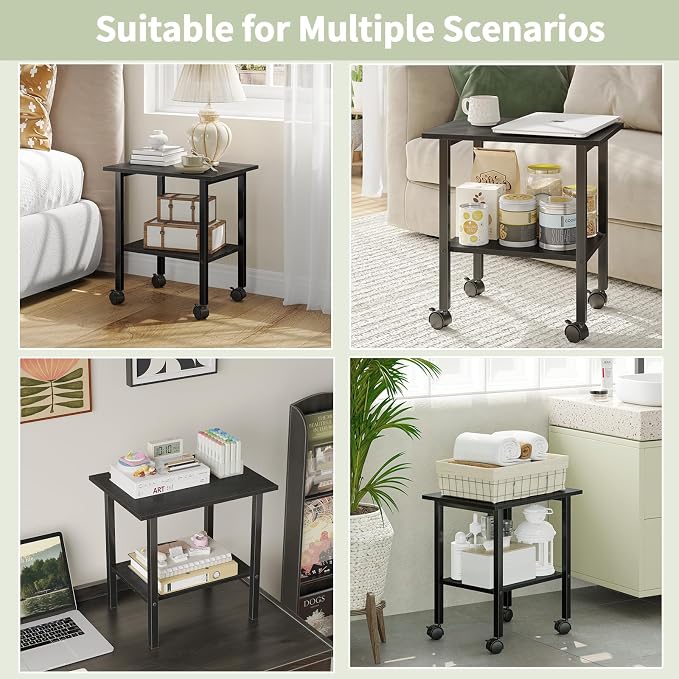 2 Tier Printer Stand with Storage, Under Desk Printer Table, Space-Saving Printer Table with Locking Wheels, Rolling Printer Cart for Home Office, Black