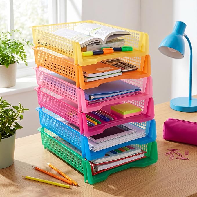 Geetery Set of 12 Plastic Trays for Teachers Turn in Trays Classroom Stackable Paper Tray Plastic Classroom Teachers Desk Letter Organizer Storage Baskets for Office, Desk, Home (Clear Mixed Color)