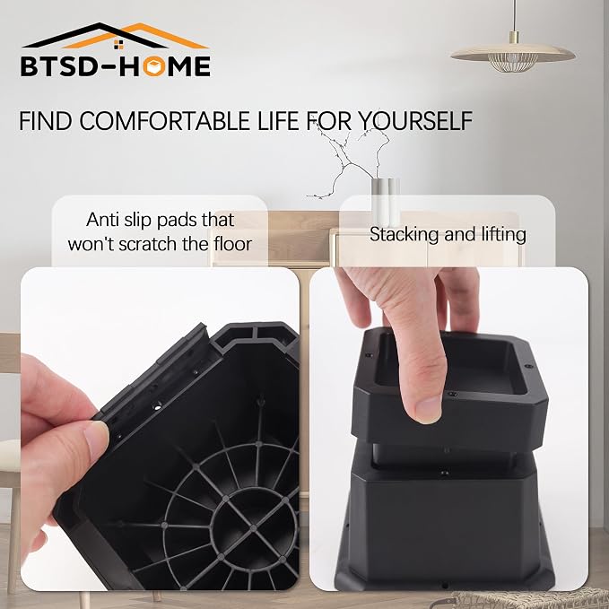 BTSD-home Bed Risers 3 Inch or 2 Inch Heavy Duty Furniture Risers Adjustable Dorm Bed Lifts Risers Table Desks Legs Blocks 4 Pack Black