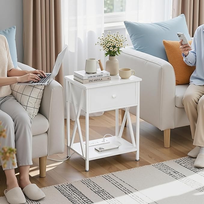 VECELO End Table with Charging Station, Night Stand with Drawers, 2-Tier Bedside Tables with USB Ports & Outlets, Side Table with Storage Shelf for Living Room/Bedroom, White