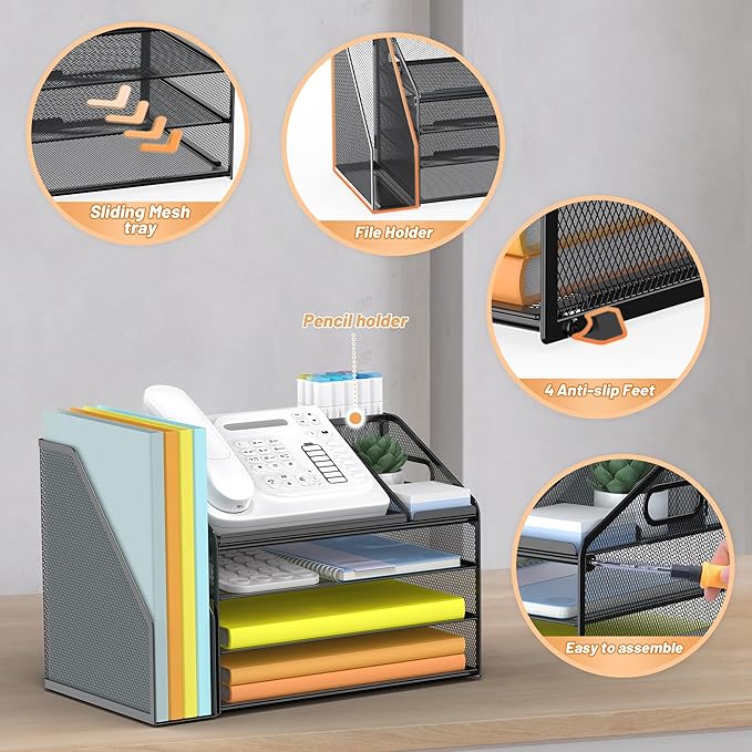 DocNest 4 Tier Paper Letter Tray File Organizer, Mesh Desk File with Handle, Workspace Desk Organizers with Pen Holder, Office Organization Storage Accessories - Black