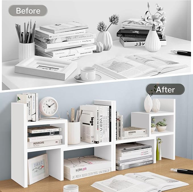 Jerry & Maggie Desktop Organizer Office Storage Rack Adjustable Wood Display Shelf Birthday Gifts Toy Home Decor Free Style Rotation Display True Natural Stand Shelf White 2 Pack