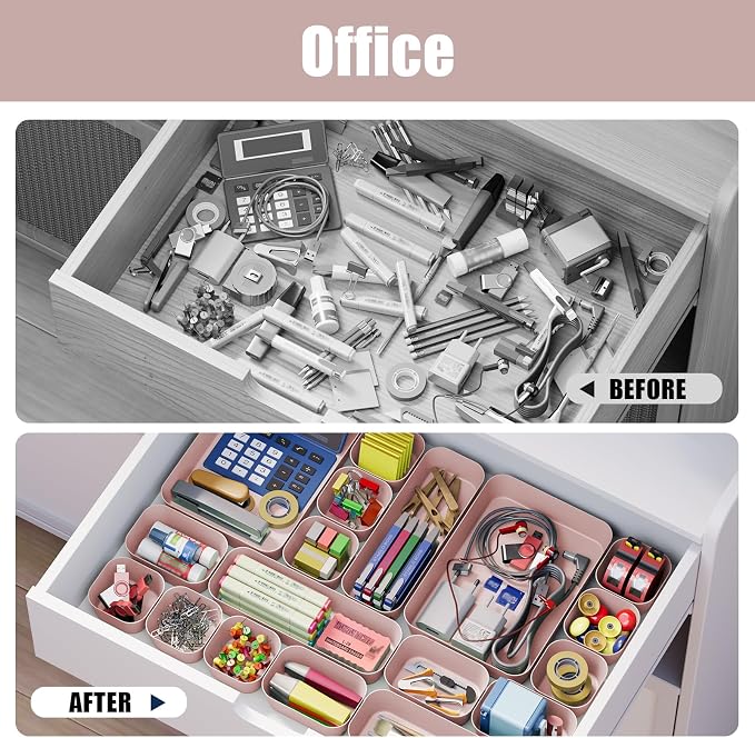 Plastic Drawer Organizers, 18 PCS Bathroom Drawer Organizer Bins, Desk and Vanity Organizer Plastic Tray, Makeup organizer and storage for Bedroom, Kitchen Gadgets Utensils and Office (Pink)