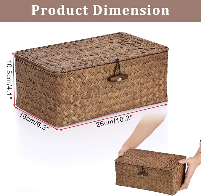 Sumnacon Small Wicker Basket with Lid Rectangle Woven Baskets for Toiletries Tampon Storage,Wicker Storage Basket with Lid,Decorative Seagrass Storage Baskets for Shelf Bathroom Toilet Table,Coffee
