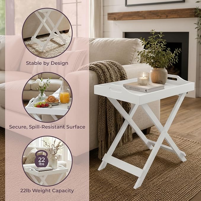 Lavish Home Folding TV Tray Table - Contemporary Side Table with Removable Tray Top for Food Serving, Meals, or Decor in Living Room, Bedroom, or Home Office (White)