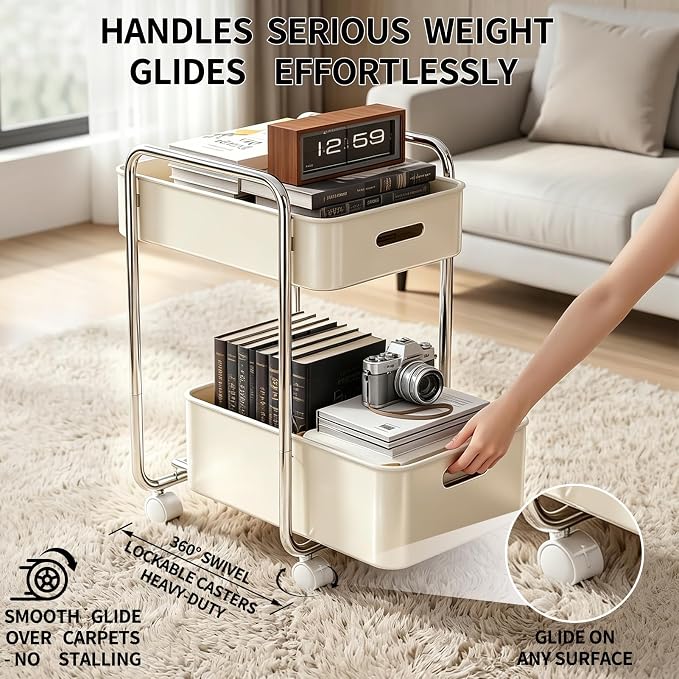PureBox 2-Tier Metal Rolling Utility Cart with Slide-Out Drawer,Sturdy Solid Board Utility Cart for Under Desk,with Lockable Wheels Mobile Storage Organizer for Office,Living Room,Kitchen,Cream White