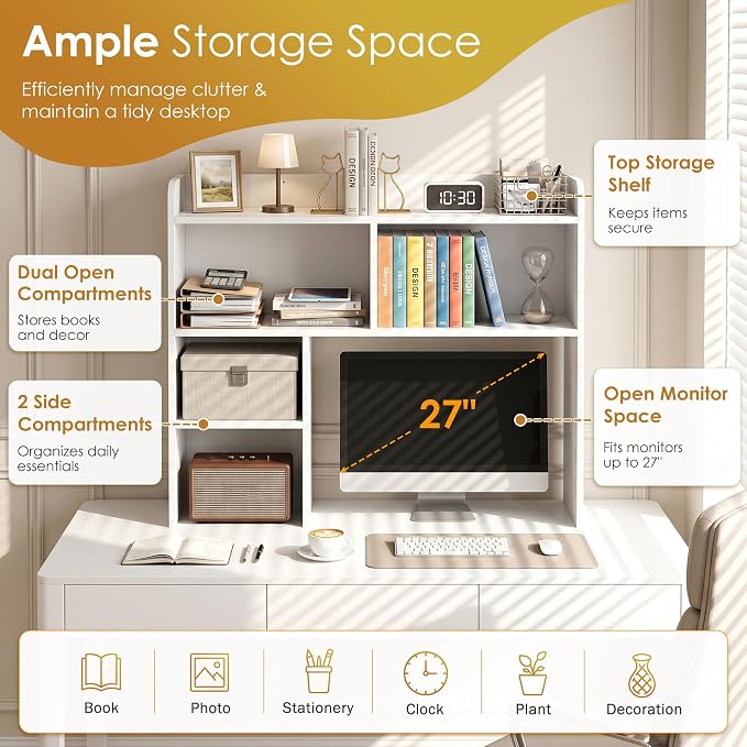SUPER DEAL Desktop Bookshelf, Countertop Storage Hutch with 3 Shelves for Computer Desk, 2-Tier Display Rack, Multipurpose Wood Desk Hutch Storage Organizer for Home Office Dorm, White