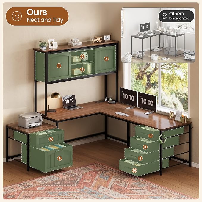 SEDETA Farmhouse L Shaped Office Desk with 6 Drawer, Reversible Computer Desk with Power Outlet, Hutch for Home Office/Two Person, Corner Desk with File Drawer & Printer Storage Shelves, Black
