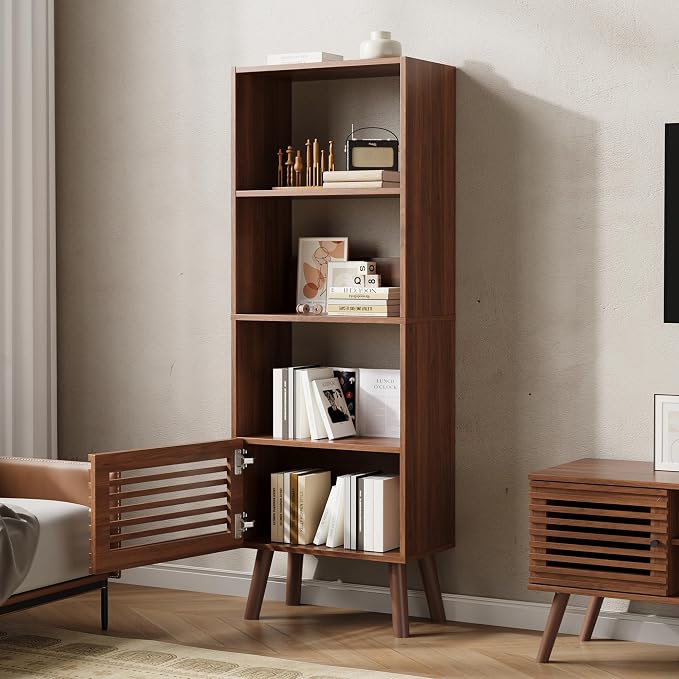 Furnify Small Narrow Corner Bookcase, 55" H Mid Century Modern Bookshelf with Slatted Door, 4 Cube Bookcase with Open Shelf, Display Storage Cabinet for Living Room, Home Office, Walnut