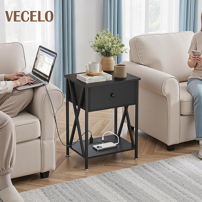 VECELO Nightstand Set of 2,End Tables with Charging Station,Bed Side Table with Open Shelf &USB Ports & Outlets,Small Dresser for Bedroom, Living Room,Black