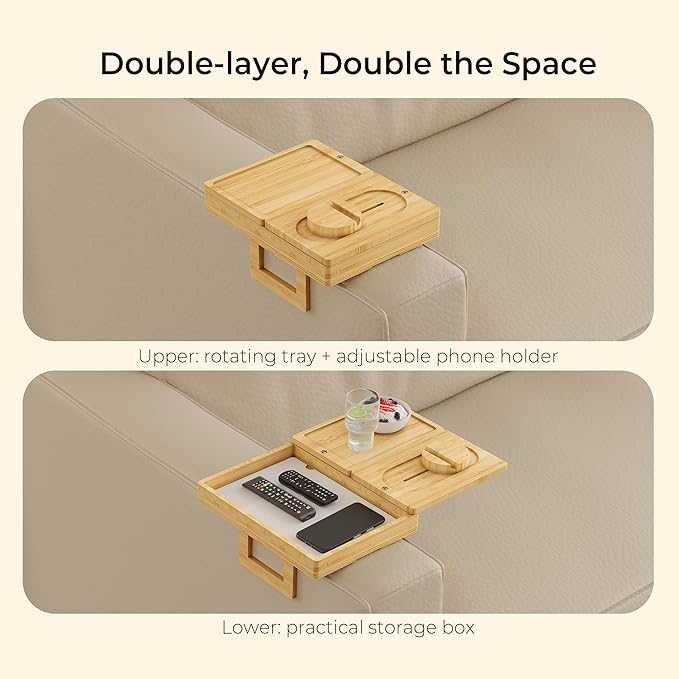 Wealone Bamboo Couch Arm Tray with 2 Rotatable Tray, Adjustable Sofa Arm Clip Table with Storage Box & 360° Phone Holder, Couch Armrest Table for Snacks, Drinks or Dining