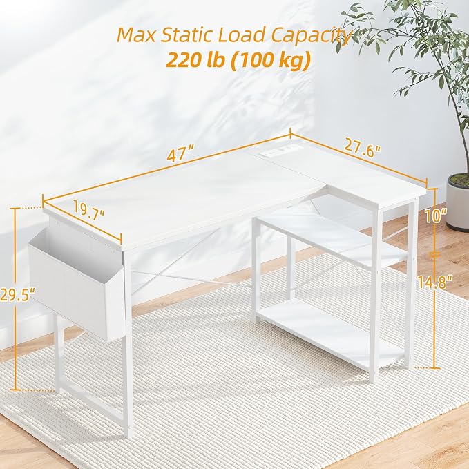 TIQLAB L Shaped Computer Desk with Power Outlets, 47 Inch Small Corner Desk with Reversible Shelves, Gaming Desk Computer Table Study Writing Desk for Home Office Small Space, White